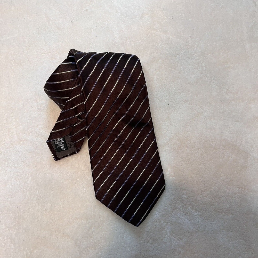 Giorgio Armani‎ Men's ITALY Chocolate Brown Satin Woven Blue Stripe Silk Tie